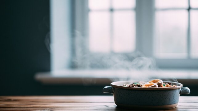 Steaming Pot of Hearty Stew on Wooden Table with Soft Window Light