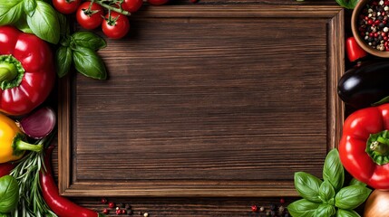 Naklejka na ściany i meble Fresh Colorful Organic Vegetables and Herbs Arranged Around Rustic Wooden Cutting Board for Cooking