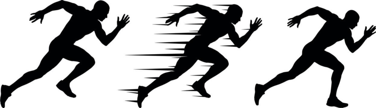 Title:
Black and white running man sprinter vector silhouettes set with speed lines isolated on white background
