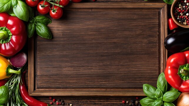 Fresh Colorful Organic Vegetables and Herbs Arranged Around Rustic Wooden Cutting Board for Cooking