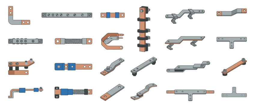 Industrial electrical copper busbars and metallic connectors illustration set