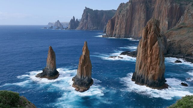 Dramatic coastal landscape with towering sea stacks and rugged cliffs meeting the blue ocean