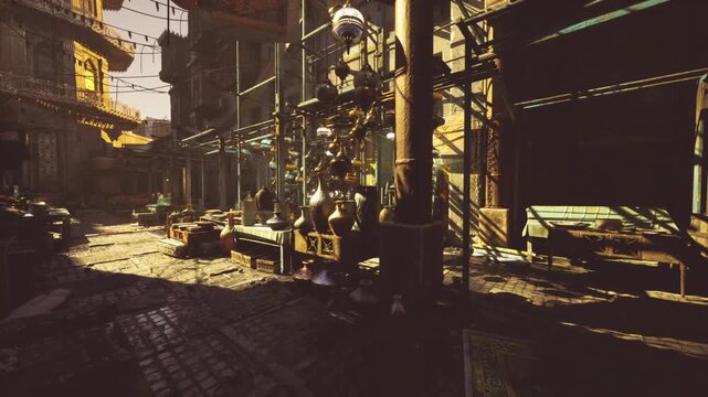 Goldenlit narrow Souk AlZal market alley with long sunbeams and deep shadows. Empty stalls and fabric canopies line textured cobblestone passage, warm golden