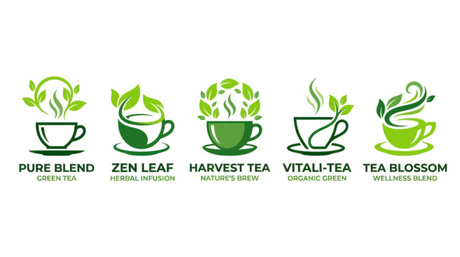 Five minimalist green tea cup logos with botanical leaf motifs.