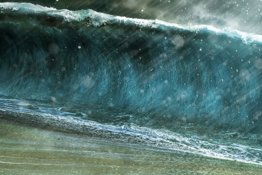 Giant tsunami wave crashing on stormy beach