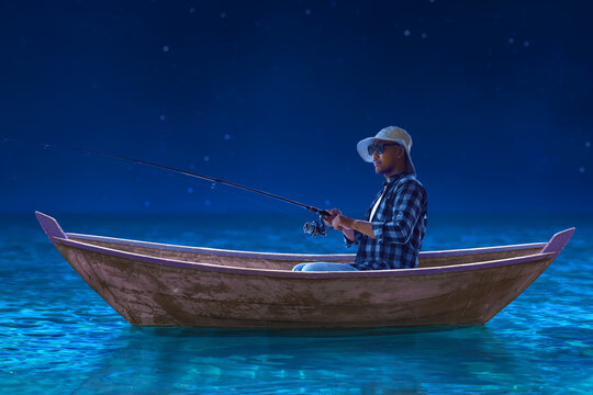 Man fishing from wooden boat in calm sea at night with starry sky