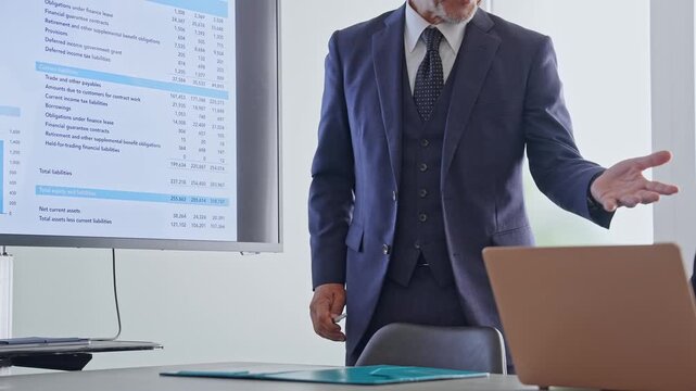 画面を見ながら会議するビジネスパーソンのグループ。プレゼン、セミナー、講師、ビジネス、経営、コンサル