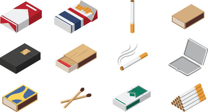 Smoking and Tobacco Collection Vector Illustration Set with Cigarette Packs, Matches, Ashtray, Lighter, and Tobacco Products Isolated