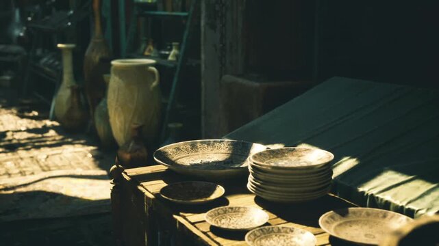 Golden hour ceramics stacked on display Marrakech market stall, warm light emphasizes glaze and patterns, scene suggests collector scouting and slow market