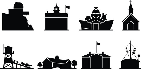 Obraz premium Landmark Building Silhouette Collection with Lighthouse Church Harbor and Historic Architecture Vector Set