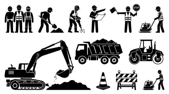 Heavy construction machinery and worker silhouettes icons collection.
