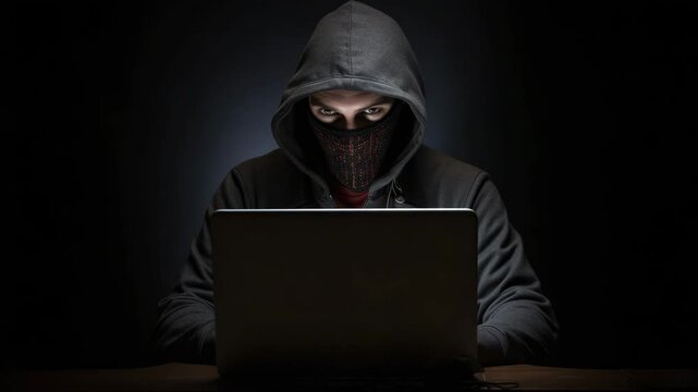 Online scammer working on laptop computer