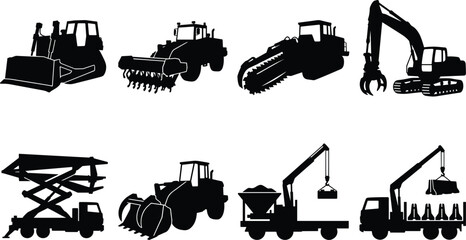 Obraz premium Heavy construction machinery silhouettes including bulldozer, excavator, dump truck, and industrial equipment