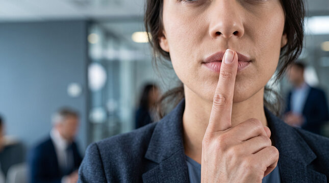 Woman gesturing silence in office close up