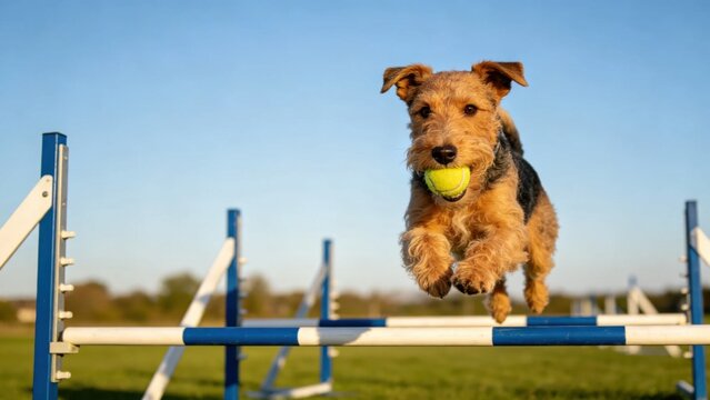 Flyball relay dog jumping over hurdles with tennis ball in m