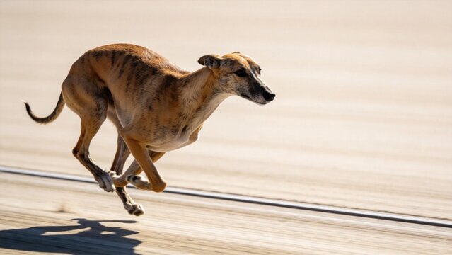 Whippet dog accelerating on straight track with muscles tens