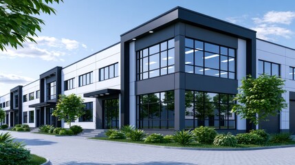 Fototapeta premium Modern glass-fronted office building with sleek design, lush landscaping, under a clear blue sky