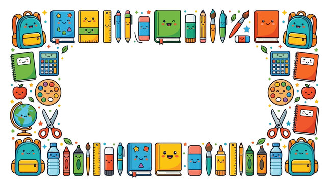 Cute kawaii school supplies border with smiling faces