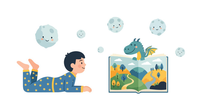 A boy in starry pajamas lies on his stomach, enchanted as a friendly green dragon and several smiling moons emerge from his open picture book.