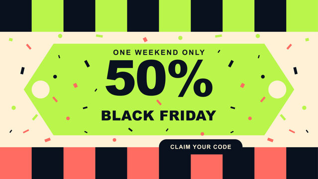 Black Friday 50 Per Cent Discount Banner with Colorful Geometric Ticket Design