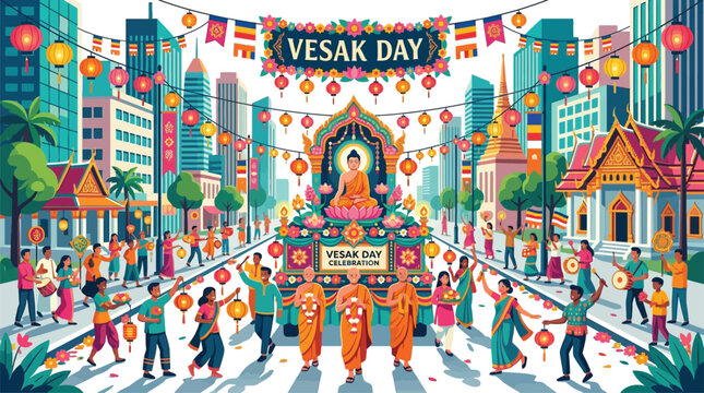 Vesak Day Celebration Parade with Buddha Statue and Monks in Festive City Street