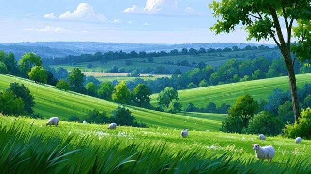 Rolling green fields under a blue sky, scattered with grazing sheep and bordered by distant hills