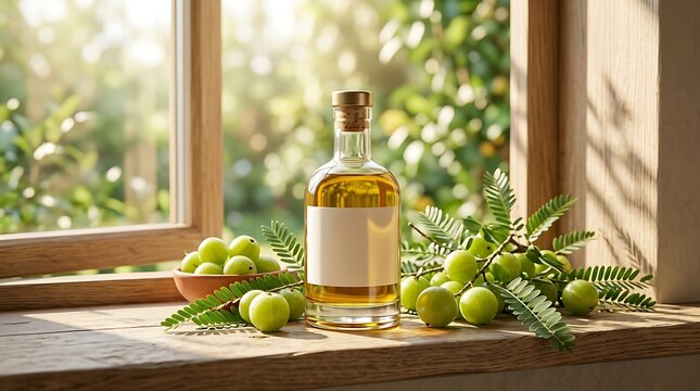 A bottle of amla oil with fresh green amla berries on a sunny wooden windowsill. amla oil