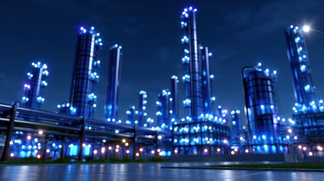 Illuminated industrial plant with towering structures at night, glowing blue lights against a dark sky