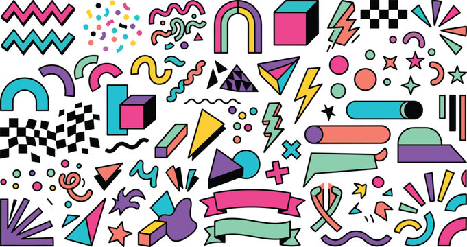 Memphis style 90s retro geometric elements vector illustration set with abstract squiggles lightning bolts shapes and ribbons for trendy creative branding layouts