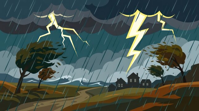 stormy weather with lightning and rain.