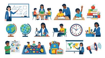 Fototapeta premium Education and School Flat Vector Illustration Set with Teachers, Students, Learning Activities, and Classroom Elements