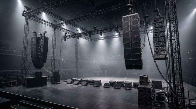 Empty Concert Stage with Line Array Speakers and Truss Rigging