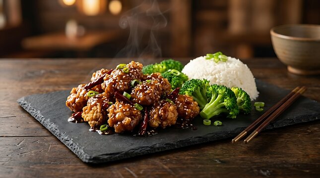 Delicious sesame chicken with steamed rice and broccoli on a dark slate plate. general tso chicken