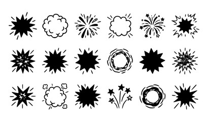 Comic explosion burst elements collection with hand drawn pop art speech bubbles stars sparks fireworks bomb blasts and dynamic flash vector symbols © Mdanowrul
