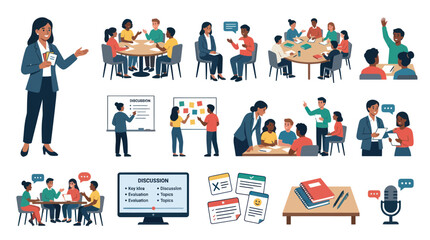 Fototapeta premium Flat Vector Illustration Set: Diverse People Learning, Discussing Teaching in Education and Business Meetings.