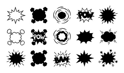 Comic book blast and explosion bubble collection featuring retro pop art sound effects pow bam bursting silhouettes speech clouds and dynamic flash vector elements © Mdanowrul