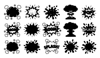Comic explosion and splash element collection with pop art sound effects boom mushroom cloud paint splatters bomb blasts silhouette vector illustration set © Mdanowrul