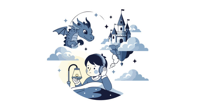 A young boy lies in bed wearing headphones, dreaming of a magical world featuring a friendly dragon and a floating castle amidst fluffy clouds.