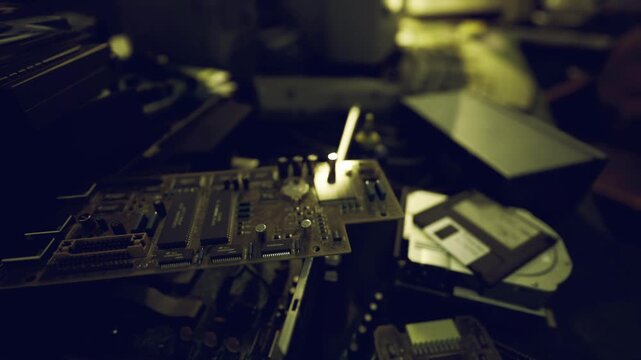 Motherboard and floppy disk closeup, data recovery specialist extracting legacy files, greenish glow, methodical workstation, magnetic media, diagnostic tools