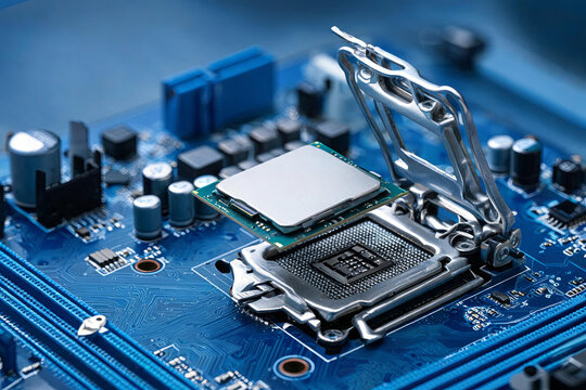 A close-up view of a computer motherboard with a central processing unit installed in its socket, showing electronic components.
