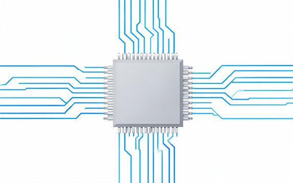 A central microchip with multiple circuit traces extending outward, representing electronic and digital technology.