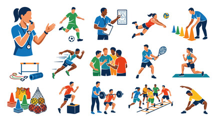 Fototapeta premium Flat Vector Icons of Sports and Fitness Training Activities