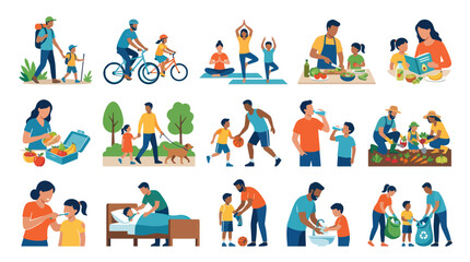 Fototapeta premium Flat Style Family Activities: Health, Food, Outdoors, Learning, Hygiene