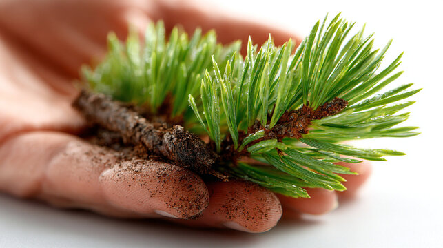 Close up of hands holding pine tree seedling with soil tree planting seedling planting
