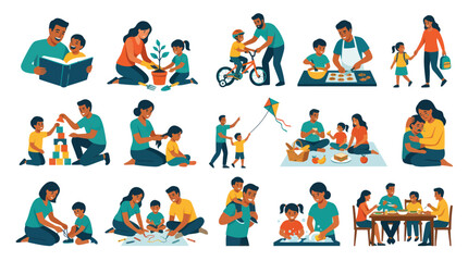 Fototapeta premium Flat Style Vector Family Icons: Parents and Children Playing, Reading, and Learning