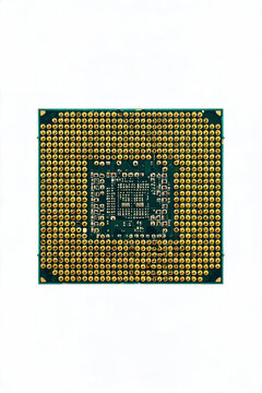 A close-up view of a computer processor's bottom side, featuring dense gold contact pins arranged on a green circuit board.