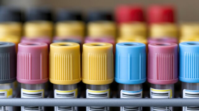 Rows of colorful capped medical laboratory test tubes neatly arranged in a rack, awaiting analysis.