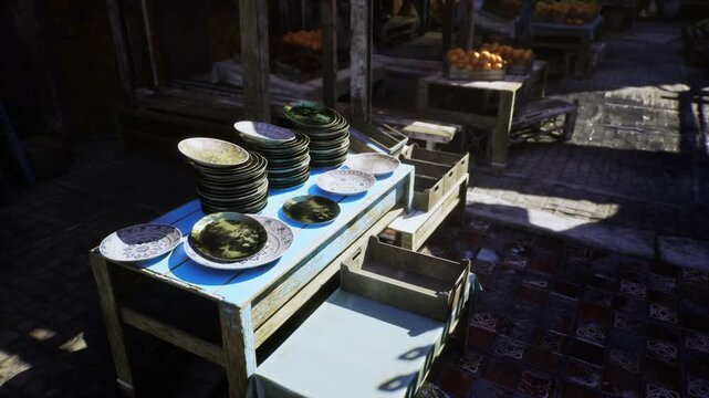 Closeup sunlit stack of glazed plates and shallow bowls on wooden table, reflective surfaces and rim details highlighted by angled light, intimate view ideal