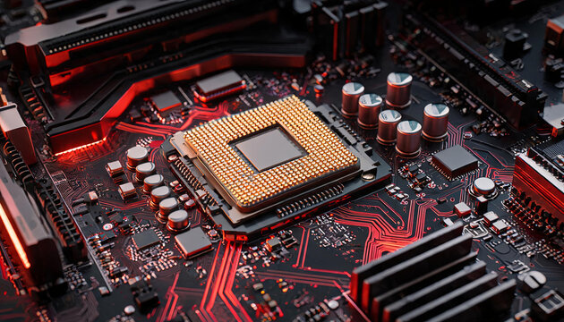 A close-up view of a central processing unit mounted on a dark printed circuit board with red traces and surrounding electronic components.