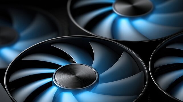 Close-up of high-performance computer cooling fans with vibrant blue LED illumination